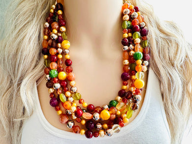 November Leaves Chunky Statement Necklace Beaded Jewelry, fall orange yellow orange mustard bridesmaid bib wedding gold clear resin