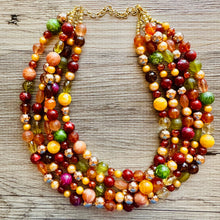 Load image into Gallery viewer, November Leaves Chunky Statement Necklace Beaded Jewelry, fall orange yellow orange mustard bridesmaid bib wedding gold clear resin