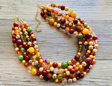 Load image into Gallery viewer, November Leaves Chunky Statement Necklace Beaded Jewelry, fall orange yellow orange mustard bridesmaid bib wedding gold clear resin