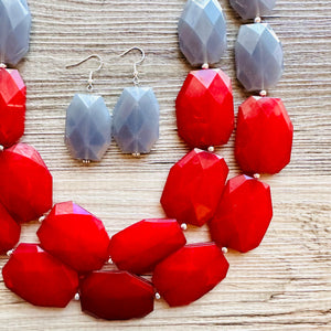 Fall Statement Necklace, Maroon & Gray Necklace, Multi Strand Statement Necklace, fall colors necklace, chunky bib red and gray