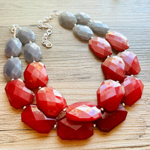Load image into Gallery viewer, Fall Statement Necklace, Maroon &amp; Gray Necklace, Multi Strand Statement Necklace, fall colors necklace, chunky bib red and gray