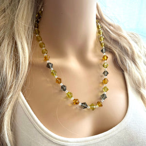 Neutral Sparkle Jewel Statement Necklace, Chunky 1 Strand Jewelry, gold layering long bib beaded thin collar bead navy champagne green