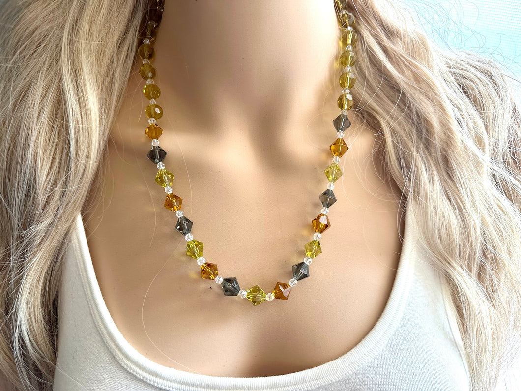 Neutral Sparkle Jewel Statement Necklace, Chunky 1 Strand Jewelry, gold layering long bib beaded thin collar bead navy champagne green