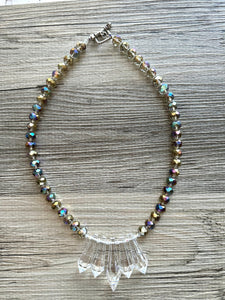 Rainbow Sparkle Jewel Statement Necklace, Chunky 1 Strand Jewelry, gold layering long bib beaded thin collar bead gold champagne gunmetal