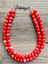 Load image into Gallery viewer, Cherry Red 2 Strand Big Beaded Statement Necklace, red beaded necklace, bridesmaid jewelry, red drop earrings bright tart white swirl