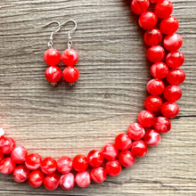 Load image into Gallery viewer, Cherry Red 2 Strand Big Beaded Statement Necklace, red beaded necklace, bridesmaid jewelry, red drop earrings bright tart white swirl