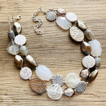 Load image into Gallery viewer, Silver Ombré Chunky Statement Necklace, multi Strand Beaded Jewelry, 2 strand chunky bib silver gem bead set gray black white shell