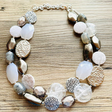 Load image into Gallery viewer, Silver Ombré Chunky Statement Necklace, multi Strand Beaded Jewelry, 2 strand chunky bib silver gem bead set gray black white shell