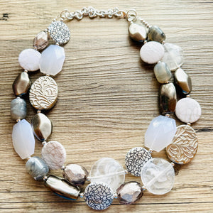 Silver Ombré Chunky Statement Necklace, multi Strand Beaded Jewelry, 2 strand chunky bib silver gem bead set gray black white shell