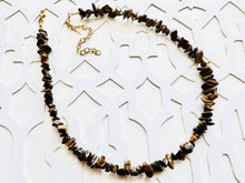 Load image into Gallery viewer, Tiger’s Eye GemStone Chunky Statement Necklace, striped gem necklace, long gem jewelry beaded agate champagne pendant brown black