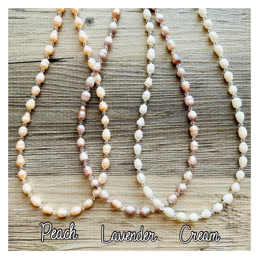 Freshwater Pearl & Crystal Jewelry necklace, bridesmaid jewelry, coral wedding, lavender cream peach necklace gold single strand