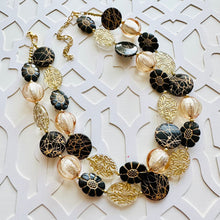 Load image into Gallery viewer, Gold &amp; Black beaded jewelry, resin beaded necklace, neutral necklace, clear painted gold bead flower champagne tan