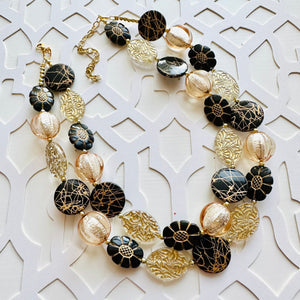 Gold & Black beaded jewelry, resin beaded necklace, neutral necklace, clear painted gold bead flower champagne tan