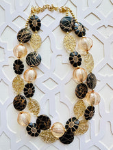 Load image into Gallery viewer, Gold &amp; Black beaded jewelry, resin beaded necklace, neutral necklace, clear painted gold bead flower champagne tan