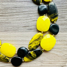Load image into Gallery viewer, Black &amp; yellow SWIRL Statement Necklace, chunky beaded jewelry, bumble bee black and yellow necklace, beaded jewelry, black necklace