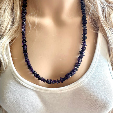 Amethyst GemStone Chunky Statement Necklace, chip gem necklace, long gem jewelry beaded agate champagne pendant purple