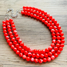 Load image into Gallery viewer, Cherry Red 3 Strand Big Beaded Statement Necklace, red beaded necklace, bridesmaid jewelry, red drop earrings bright tart white swirl