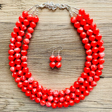 Load image into Gallery viewer, Cherry Red 3 Strand Big Beaded Statement Necklace, red beaded necklace, bridesmaid jewelry, red drop earrings bright tart white swirl