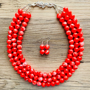 Cherry Red 3 Strand Big Beaded Statement Necklace, red beaded necklace, bridesmaid jewelry, red drop earrings bright tart white swirl