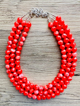 Load image into Gallery viewer, Cherry Red 3 Strand Big Beaded Statement Necklace, red beaded necklace, bridesmaid jewelry, red drop earrings bright tart white swirl