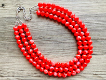 Load image into Gallery viewer, Cherry Red 3 Strand Big Beaded Statement Necklace, red beaded necklace, bridesmaid jewelry, red drop earrings bright tart white swirl