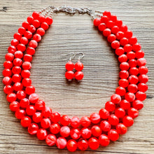 Load image into Gallery viewer, Cherry Red 3 Strand Big Beaded Statement Necklace, red beaded necklace, bridesmaid jewelry, red drop earrings bright tart white swirl