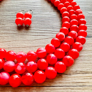 Cherry Red 3 Strand Big Beaded Statement Necklace, red beaded necklace, bridesmaid jewelry, red drop earrings bright tart white swirl