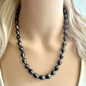 Gray Sparkle Jewel Statement Necklace, Chunky 1 Strand Jewelry, silver layering long bib beaded thin collar vintage bead gunmetal