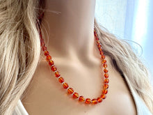 Load image into Gallery viewer, Orange Sparkle Jewel Statement Necklace, Chunky 1 Strand Jewelry, silver layering long bib beaded thin collar vintage bead gunmetal