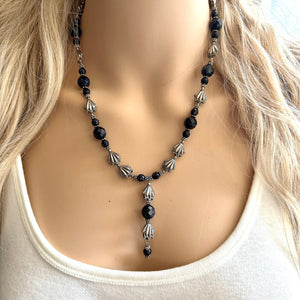 Gray Lariat Sparkle Jewel Statement Necklace, Chunky 1 Strand Jewelry, silver layering long bib beaded thin collar vintage bead gunmetal