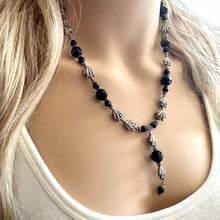 Load image into Gallery viewer, Gray Lariat Sparkle Jewel Statement Necklace, Chunky 1 Strand Jewelry, silver layering long bib beaded thin collar vintage bead gunmetal