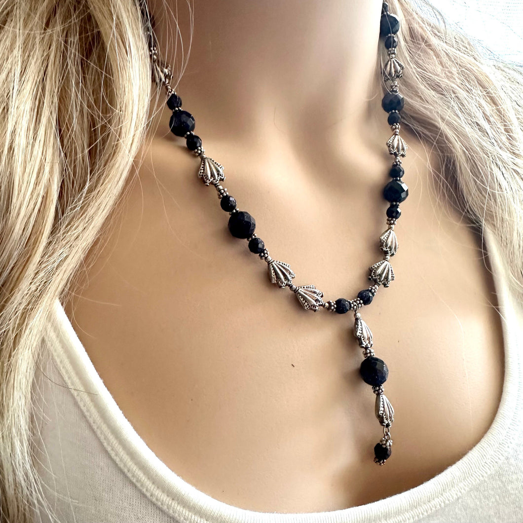 Gray Lariat Sparkle Jewel Statement Necklace, Chunky 1 Strand Jewelry, silver layering long bib beaded thin collar vintage bead gunmetal