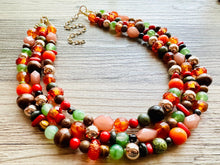 Load image into Gallery viewer, East Coast in Fall chunky necklace, Warm Neutral beaded jewelry, resin beaded Ombré necklace red yellow orange brown olive gold RoseGold