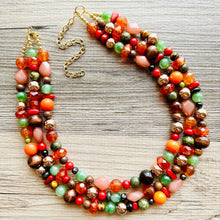 Load image into Gallery viewer, East Coast in Fall chunky necklace, Warm Neutral beaded jewelry, resin beaded Ombré necklace red yellow orange brown olive gold RoseGold