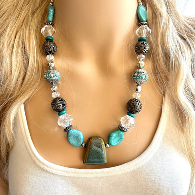 Natural Clay Beaded 1 strand Statement Necklace, Chunky Bib Single Jewelry stone jewelry, gemstone layering blue navy