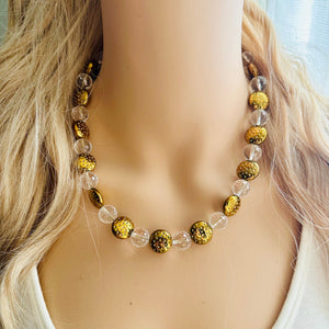 Clear & Gold Jewel Statement Necklace, Chunky 1 Strand Jewelry, gold necklace, black white bib beaded necklace thick collar bead metal