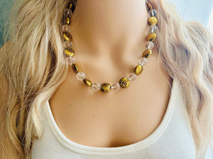 Clear & Gold Jewel Statement Necklace, Chunky 1 Strand Jewelry, gold necklace, black white bib beaded necklace thick collar bead metal