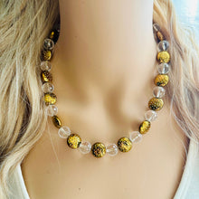 Load image into Gallery viewer, Clear &amp; Gold Jewel Statement Necklace, Chunky 1 Strand Jewelry, gold necklace, black white bib beaded necklace thick collar bead metal