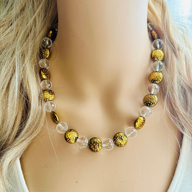 Clear & Gold Jewel Statement Necklace, Chunky 1 Strand Jewelry, gold necklace, black white bib beaded necklace thick collar bead metal