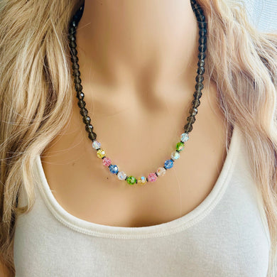 Rainbow Jewel Statement Necklace, Chunky 1 Strand Jewelry, gold necklace, black white bib beaded necklace thick collar bead metal layering