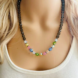 Rainbow Jewel Statement Necklace, Chunky 1 Strand Jewelry, gold necklace, black white bib beaded necklace thick collar bead metal layering