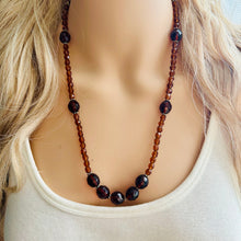 Load image into Gallery viewer, Chocolate Jewel Statement Necklace, Chunky 1 Strand Jewelry, silver necklace, brown bib beaded necklace thick collar bead metal