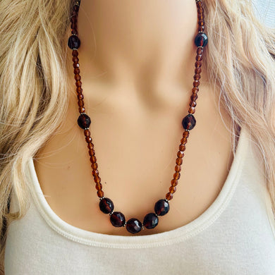 Chocolate Jewel Statement Necklace, Chunky 1 Strand Jewelry, silver necklace, brown bib beaded necklace thick collar bead metal