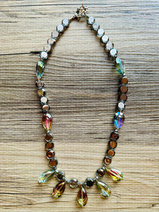 Rainbow Jewel Statement Necklace, Chunky 1 Strand Jewelry, silver necklace, gray bib beaded necklace thick collar bead metal layering