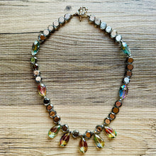 Load image into Gallery viewer, Rainbow Jewel Statement Necklace, Chunky 1 Strand Jewelry, silver necklace, gray bib beaded necklace thick collar bead metal layering