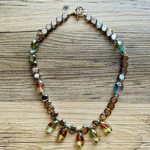 Rainbow Jewel Statement Necklace, Chunky 1 Strand Jewelry, silver necklace, gray bib beaded necklace thick collar bead metal layering