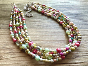 Blush Pink Jubilee Rainbow 5 strand Beaded Necklace, Colorful Jewelry, Chunky statement necklace, big beaded pearl, jewelry fall confetti