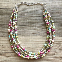 Load image into Gallery viewer, Blush Pink Jubilee Rainbow 5 strand Beaded Necklace, Colorful Jewelry, Chunky statement necklace, big beaded pearl, jewelry fall confetti