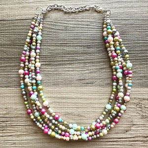 Blush Pink Jubilee Rainbow 5 strand Beaded Necklace, Colorful Jewelry, Chunky statement necklace, big beaded pearl, jewelry fall confetti