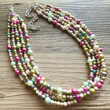 Load image into Gallery viewer, Blush Pink Jubilee Rainbow 5 strand Beaded Necklace, Colorful Jewelry, Chunky statement necklace, big beaded pearl, jewelry fall confetti